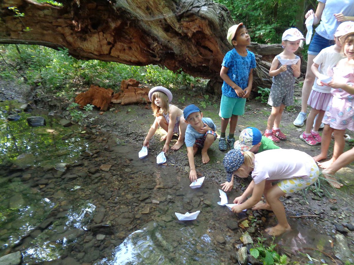 Wald - Wasser - Faltboote - Natur - Entdecken und Forschen Im Wald lassen die Kinder Papierboote im Bach schwimmen