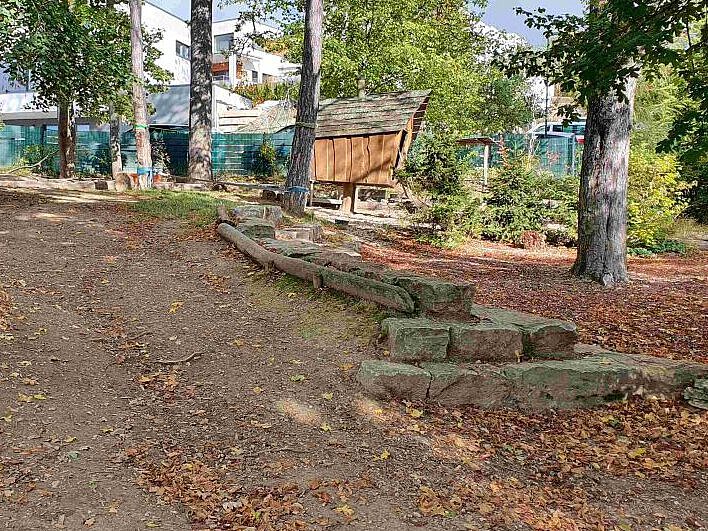 Naturnaher Gartenbereich im Kindergarten Burgweg – Platz zum Spielen und Entdecken Großer naturnaher Gartenbereich im Kindergarten Burgweg mit Bäumen, Laub auf dem Boden, Naturmaterialien wie Holzstämmen und Steinen sowie kleinen Spielhäusern.