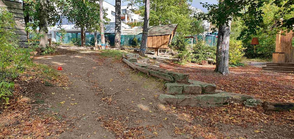 Großer naturnaher Gartenbereich im Kindergarten Burgweg mit Bäumen, Laub auf dem Boden, Naturmaterialien wie Holzstämmen und Steinen sowie kleinen Spielhäusern. 