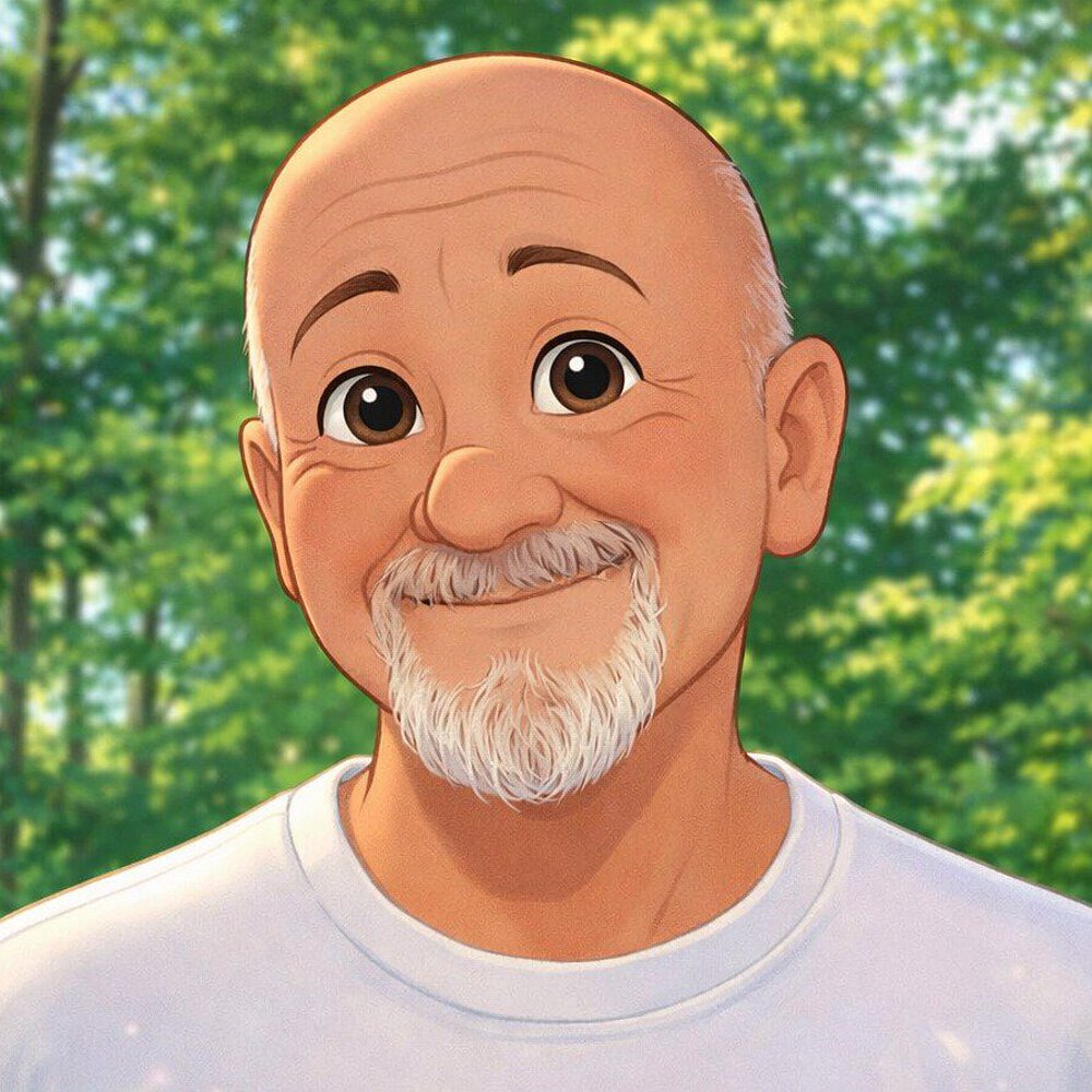 „Porträtaufnahme vor sommerlicher Laubkulisse“ „Person mit kurzem, hellem Haar steht im Freien vor dichtem, sonnig beleuchtetem Laub und trägt ein helles T‑Shirt.“