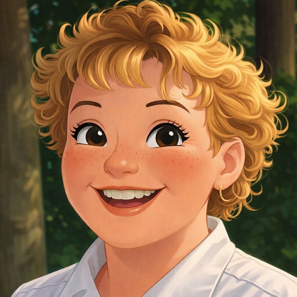 „Porträtaufnahme vor grünem Naturhintergrund“ „Person mit kurzem lockigem Haar steht im Freien vor dichtem grünen Laub und trägt ein helles Oberteil.“