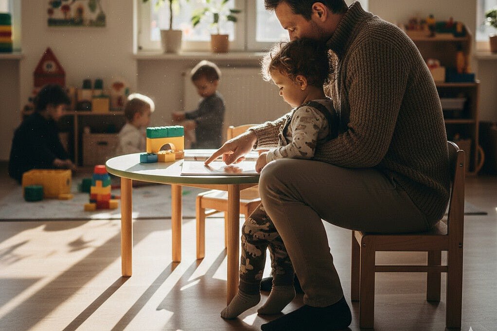 Kind wird im Kindergarten Am Wald-Klinikum eingewöhnt und sitzt mit seinem Vater an einem Kindertisch und liest ein Buch, im Hintergrund spielen andere Kinder.