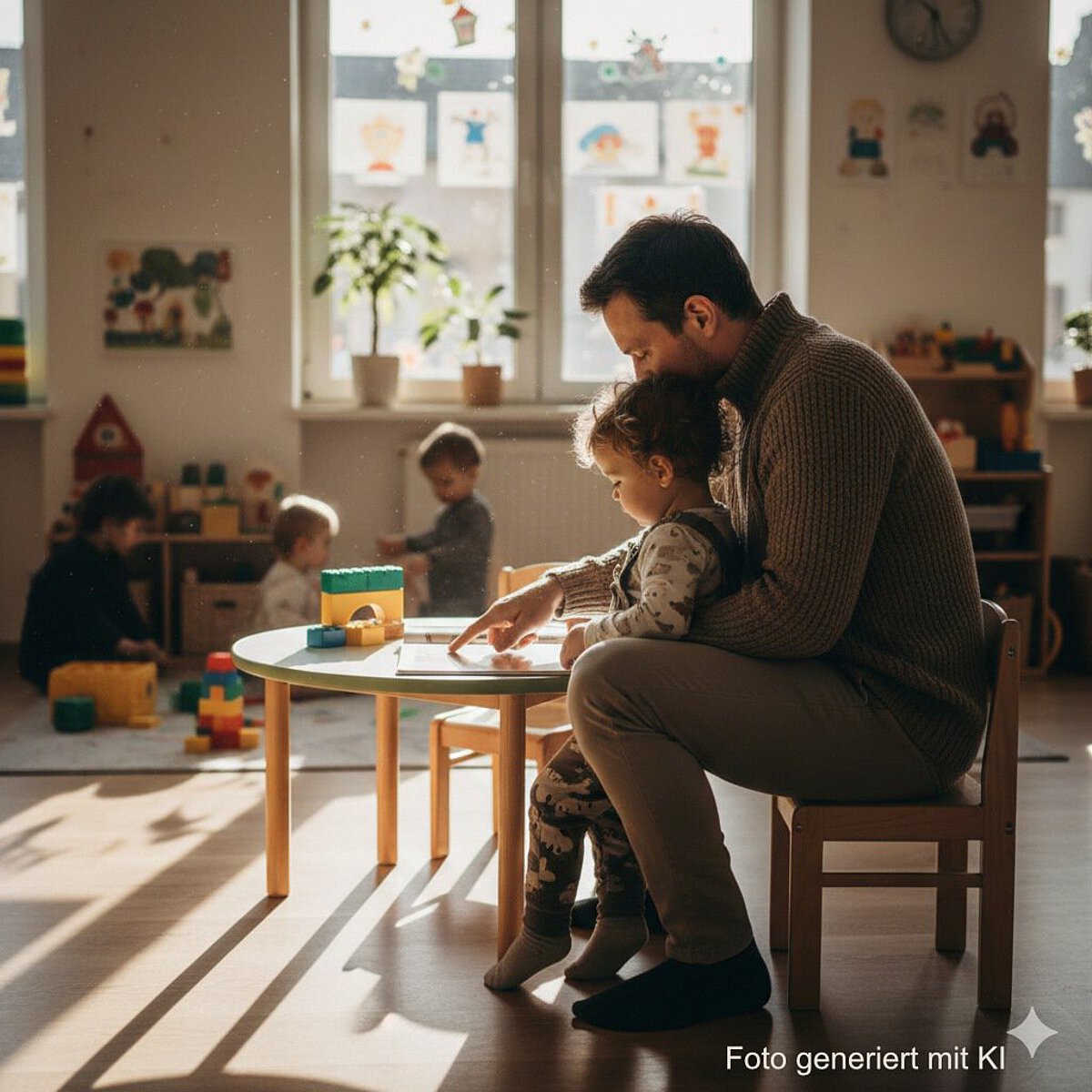 Kind wird im Kindergarten Am Wald-Klinikum eingewöhnt und sitzt mit seinem Vater an einem Kindertisch und liest ein Buch, im Hintergrund spielen andere Kinder.