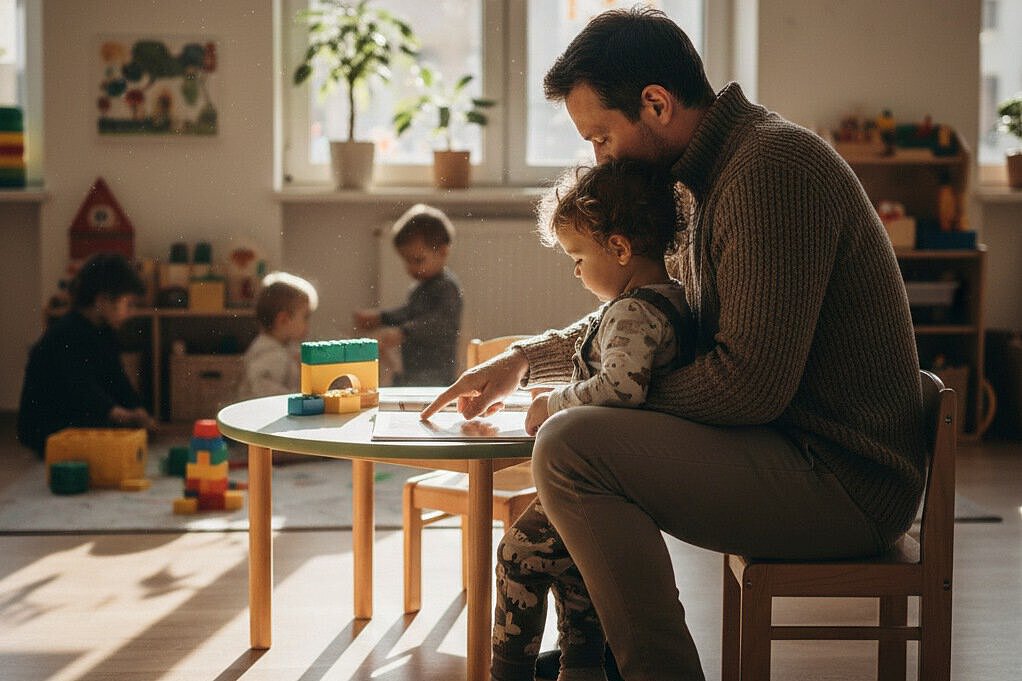 Kind wird im Kindergarten Am Wald-Klinikum eingewöhnt und sitzt mit seinem Vater an einem Kindertisch und liest ein Buch, im Hintergrund spielen andere Kinder.