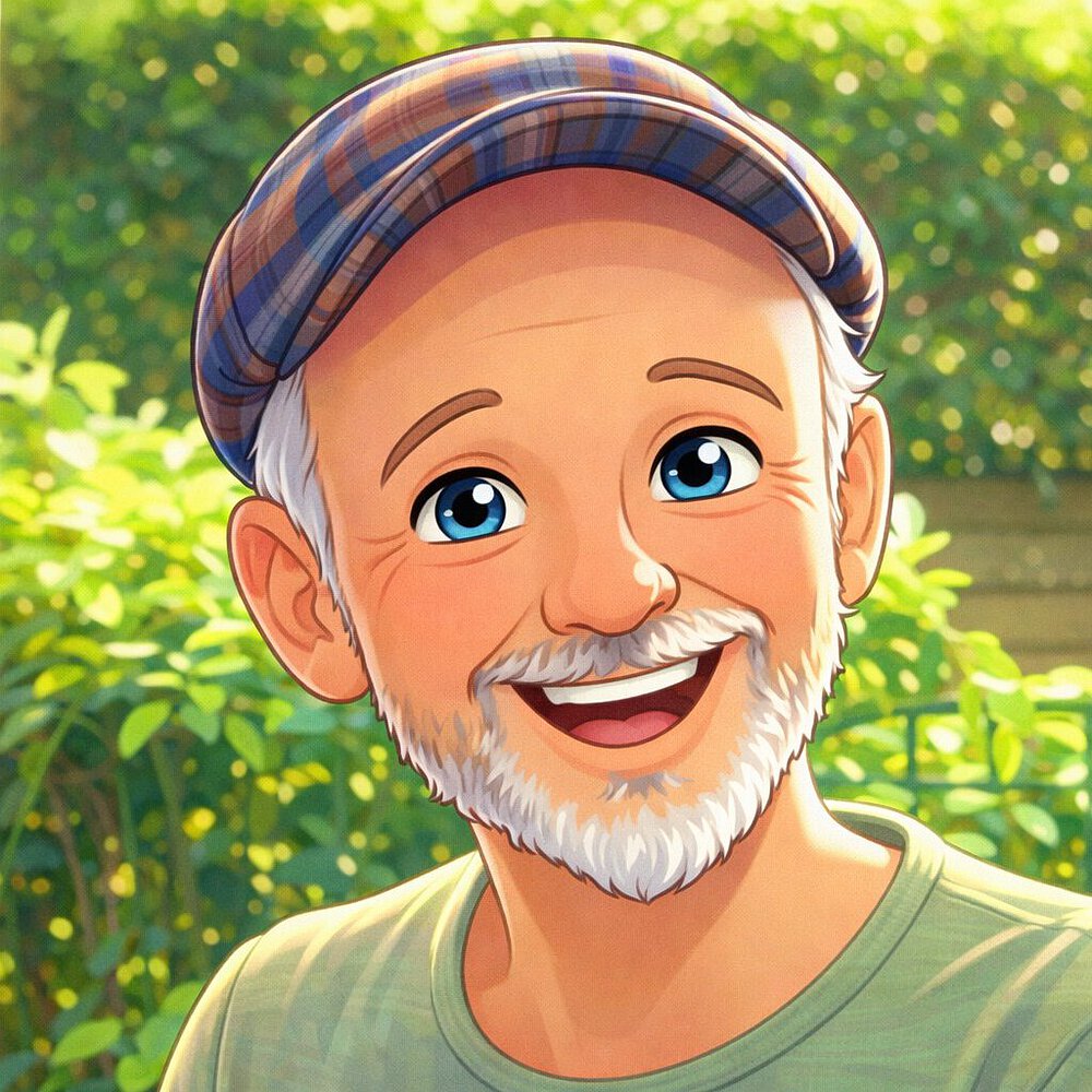 „Porträtaufnahme im Garten – sommerliche Grünkulisse“ „Person mit kariertem Cap und hellem Haar steht vor einem sonnig beleuchteten Gartenbereich mit dichtem Grün und einem Zaun im Hintergrund.“