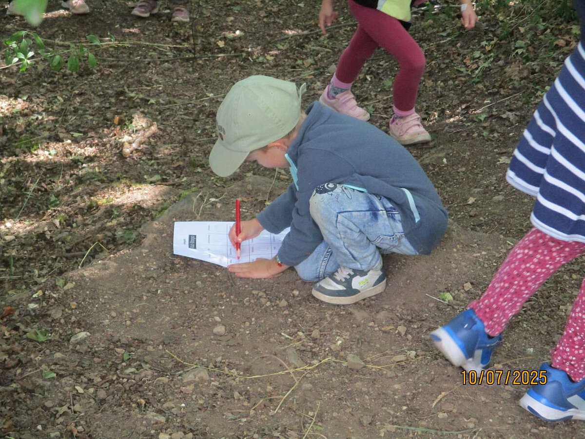 Auf dem Bild ist ein Junge zu erkennen, der auf dem Waldboden auf ein Blatt Papier malt