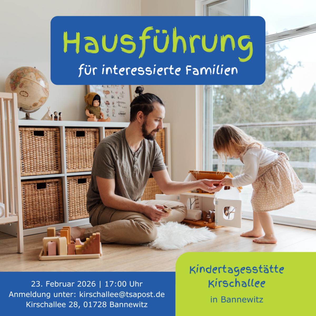 Mann mit Kind gemeinsam in einem Spielezimmer. Termin der nächsten Hausführung am 23.02.2026, um 17:00 Uhr in der Kita Kirschallee
