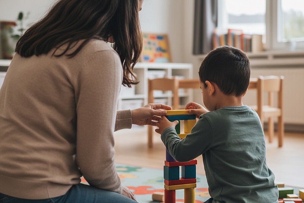 Mutter spielt mit mit ihrem Sohn bei der Eingewöhnung im Kindergarten Am Wald-Klinikum
