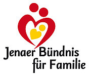 Das Logog des Jenaer Bündnis für Familie in schwarzer Schrift in Kombination mit dem roten Herz mit zwei Punkten, in der Mitte das gelbe Herz mit einem gelben Punkt