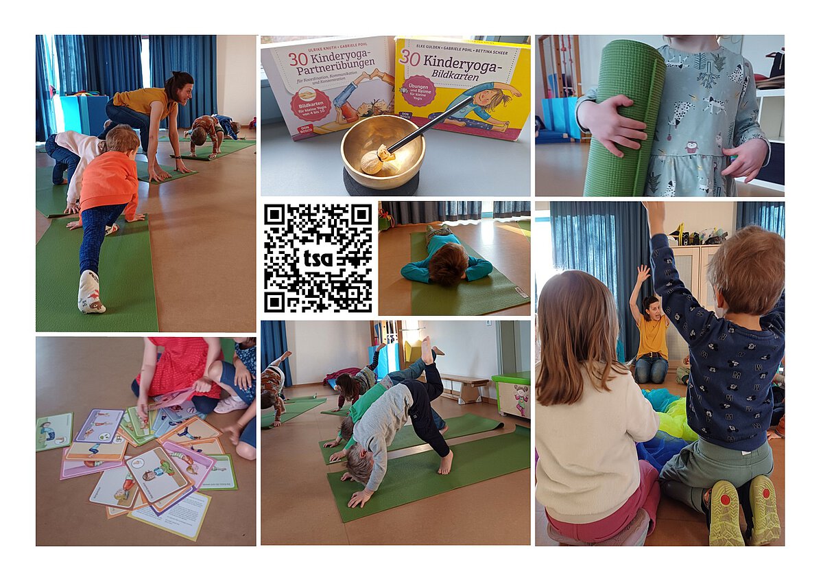 Kinder beim Kinderyoga, Collage mit verschiedenen Perspektiven