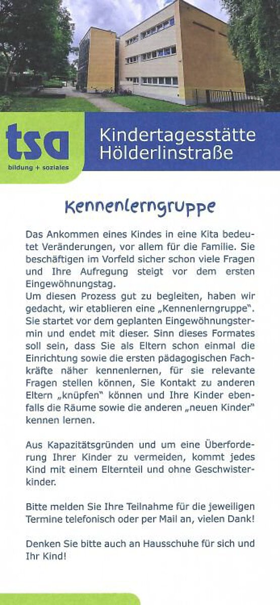 Flyer Kennenlerngruppe Kita Hölderlinstraße