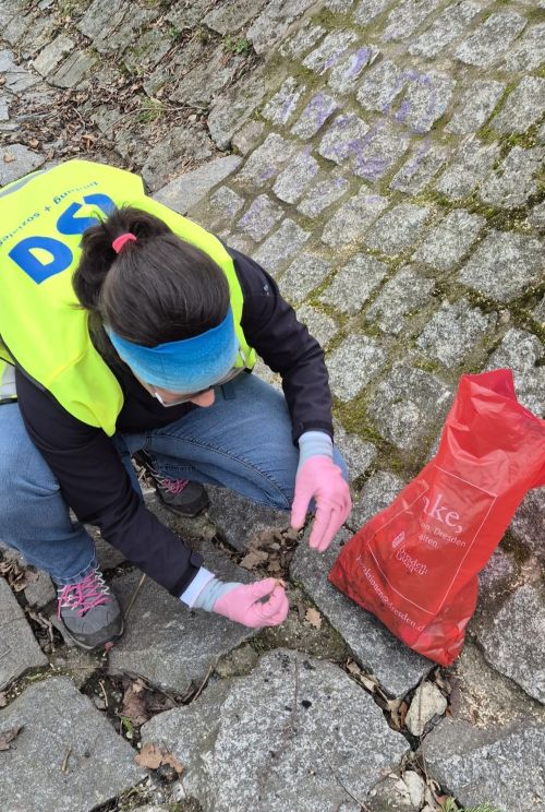 „Person mit gelber Warnweste sammelt kleine Abfälle zwischen Kopfsteinpflastersteinen auf; daneben steht ein roter Müllsack auf dem Boden.“