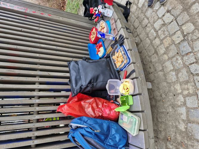 „Mehrere Rucksäcke, ein roter Müllsack und verschiedene Snack‑Dosen stehen auf einer gebogenen Holzbank; davor liegen Lunchboxen mit Obst, Gebäck und kleinen Snacks.“