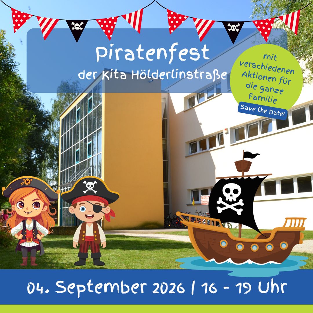 Das Haus der Kita Hölderlinstraße mit Piratendeko lädt zum Piratenfest ein.