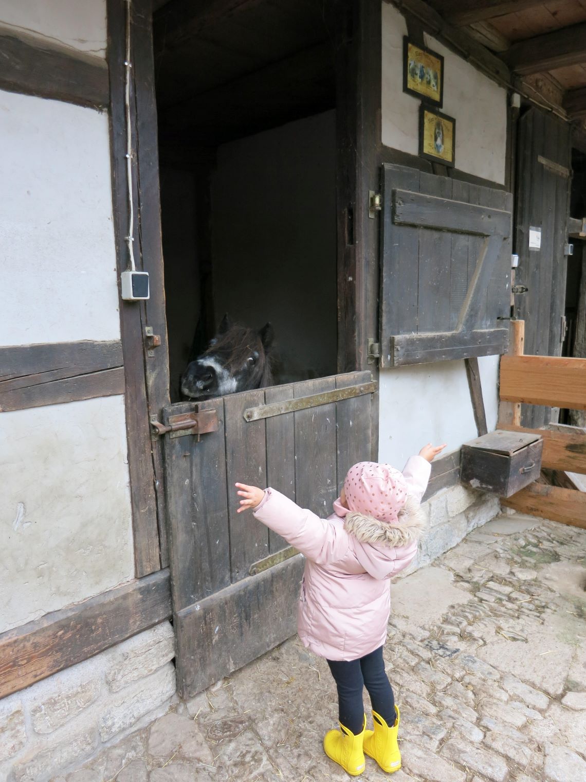 Kind steht vor einem Stall und streckt die Arme zu einem Esel aus. Holzstall mit halb geöffneter Tür sichtbar.